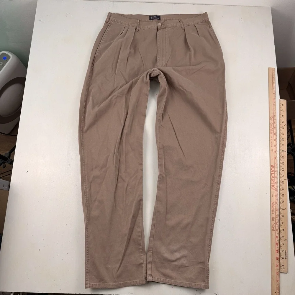 VTG Polo Ralph Lauren Pleated‎ Chino Pants Mens Fits 36x34 Brown Cotton relaxed